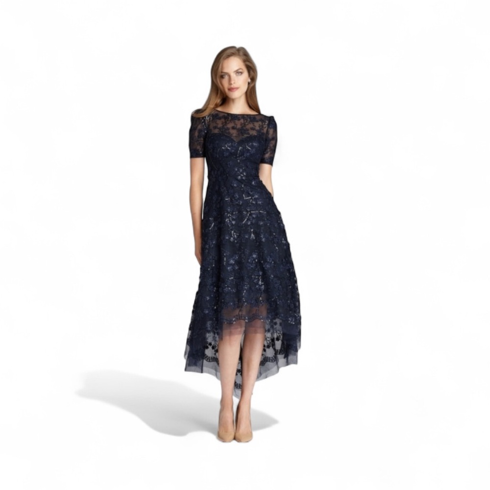 Teri Jon by Rickie Freeman Gown size 12 Beaded Navy High-Low Dress NWT